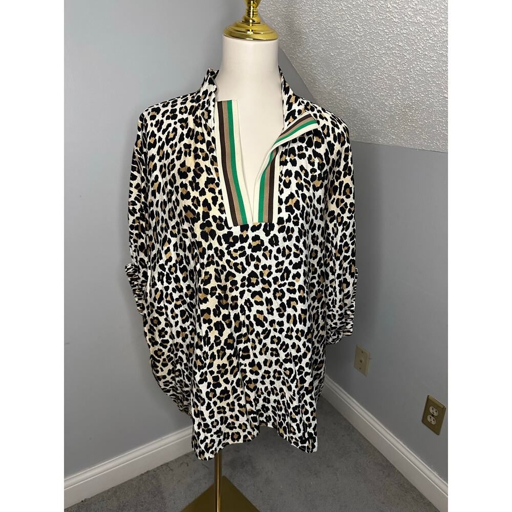 EUC Entro Camel Leopard Print High Neck Green Stripe Dolman Sleeve Top w/Jewelry - Picture 2 of 9